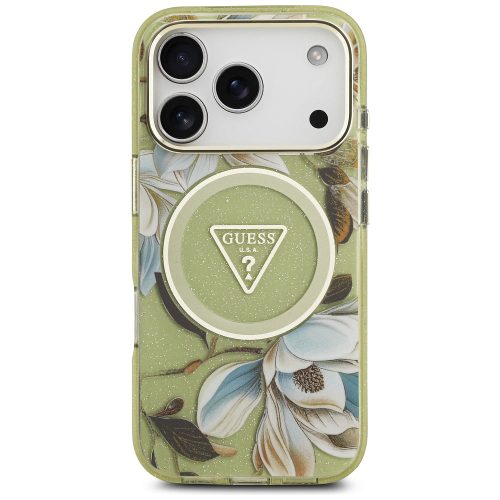 MagSafe Case for Apple iPhone 18 Pro Max / 17 Pro Max, Guess, IML Metal Glitter Flowers Triangle, Green