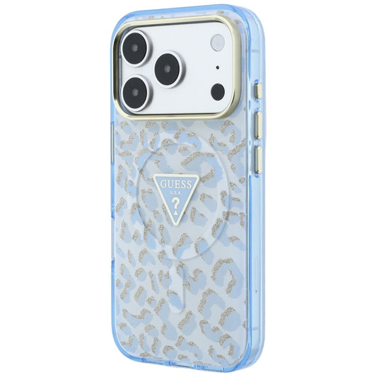 MagSafe-Hülle für Apple iPhone 18 Pro Max / 17 Pro Max, Guess, Leopard Glitter Dreieck-Logo, Blau