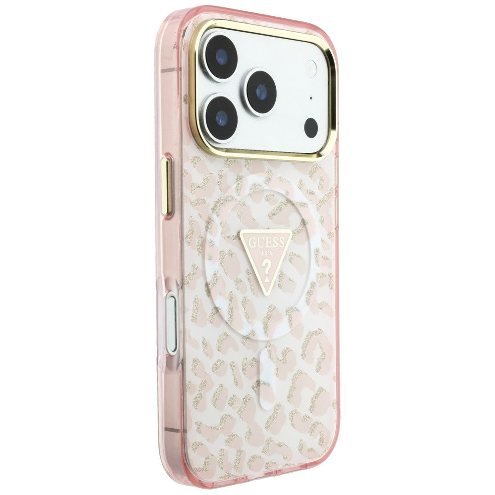 MagSafe-Hülle für Apple iPhone 18 Pro Max / 17 Pro Max, Guess, Leopard Glitter Dreieck Logo, Rosa