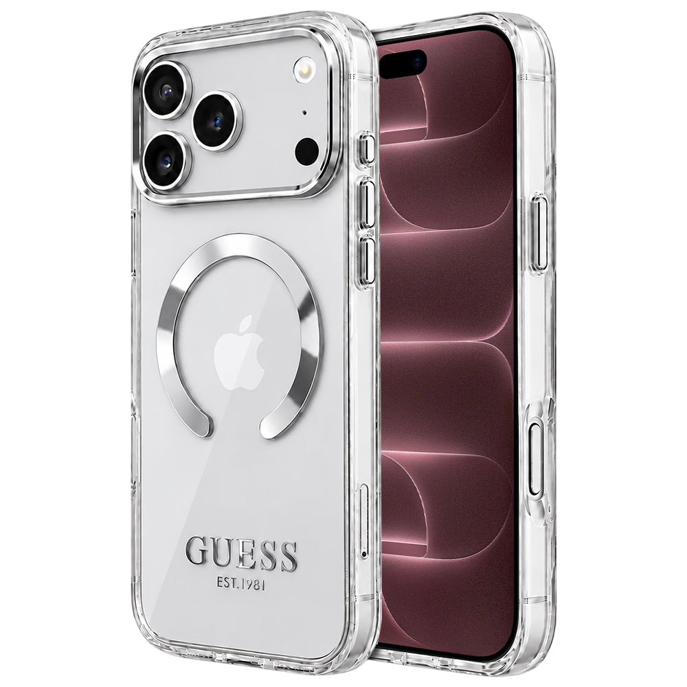 MagSafe-Hülle für Apple iPhone 18 Pro Max / 17 Pro Max, Guess, Metal Outline, Silber