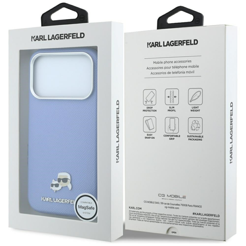 MagSafe-Hülle für Apple iPhone 18 Pro Max / 17 Pro Max, Karl Lagerfeld, Grained Karl & Choupette Head's Metal, Blau