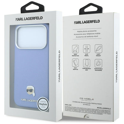 MagSafe Case for Apple iPhone 18 Pro Max / 17 Pro Max, Karl Lagerfeld, Grained Karl Head's Metal, Blue