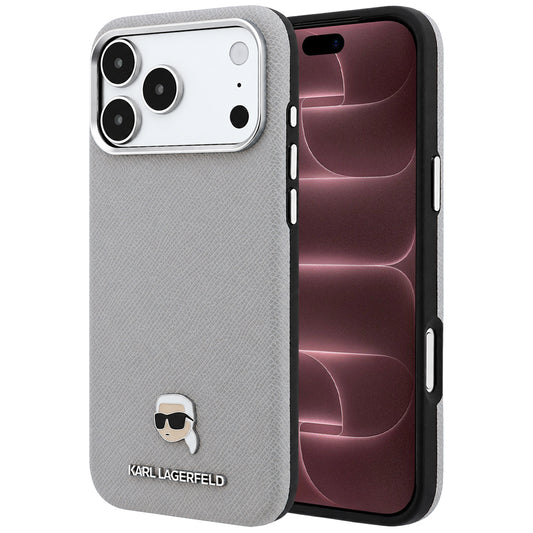MagSafe-Hülle für Apple iPhone 18 Pro Max / 17 Pro Max, Karl Lagerfeld, genarbtes Karl Head's Metal, Grau
