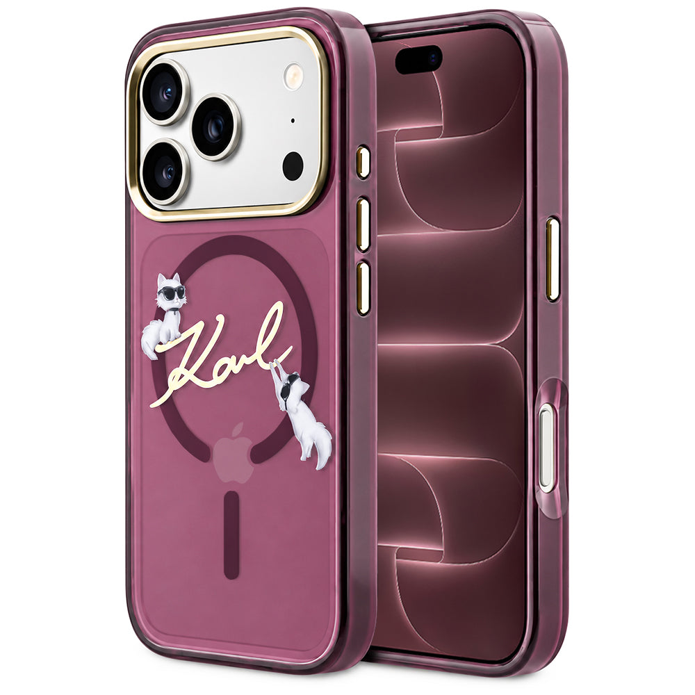 MagSafe-Hülle für Apple iPhone 18 Pro Max / 17 Pro Max, Karl Lagerfeld, IML Choupette Karl Script Logo, Weinrot
