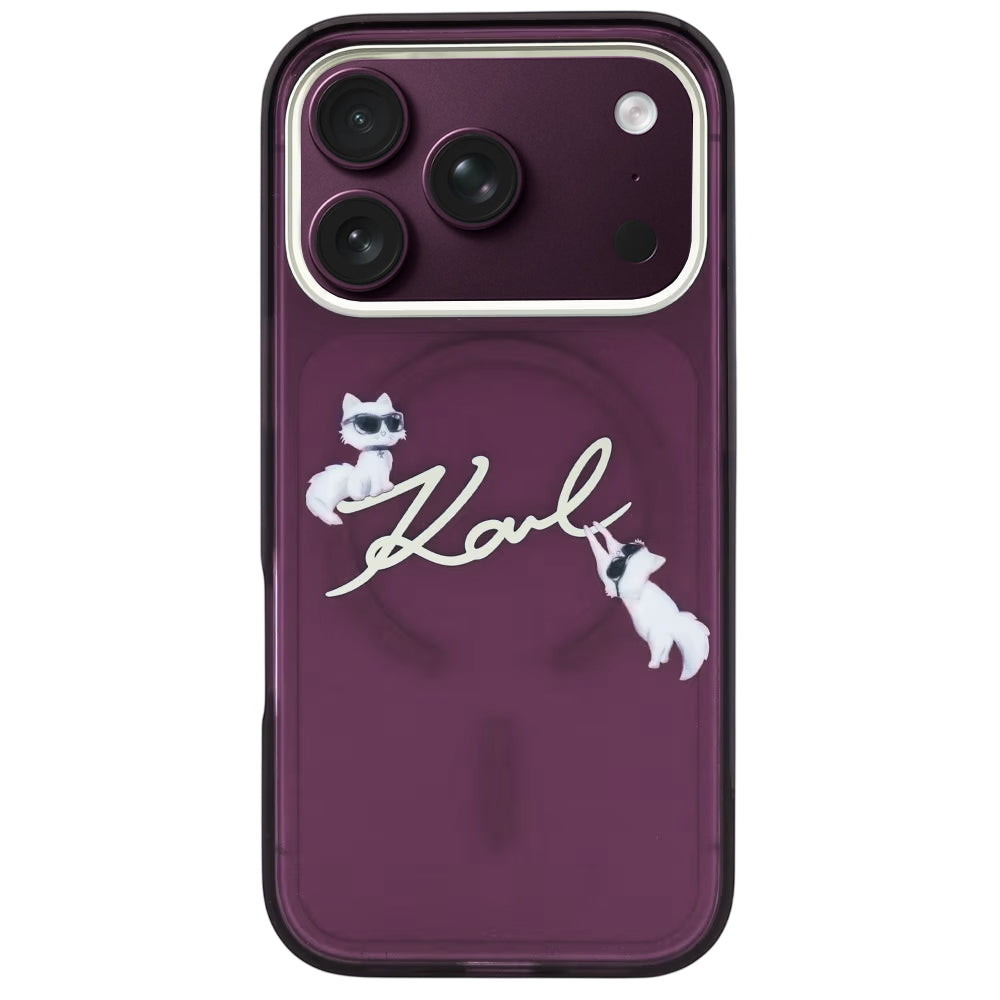 MagSafe-Hülle für Apple iPhone 18 Pro Max / 17 Pro Max, Karl Lagerfeld, IML Choupette Karl Script Logo, Weinrot