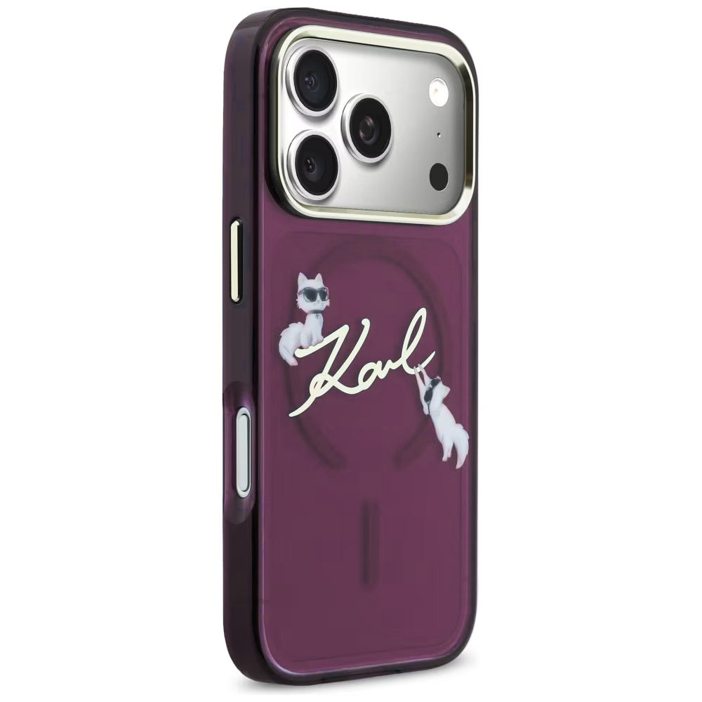 MagSafe-Hülle für Apple iPhone 18 Pro Max / 17 Pro Max, Karl Lagerfeld, IML Choupette Karl Script Logo, Weinrot