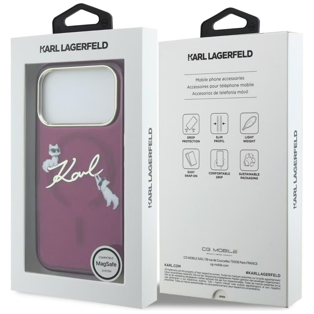 MagSafe-Hülle für Apple iPhone 18 Pro Max / 17 Pro Max, Karl Lagerfeld, IML Choupette Karl Script Logo, Weinrot