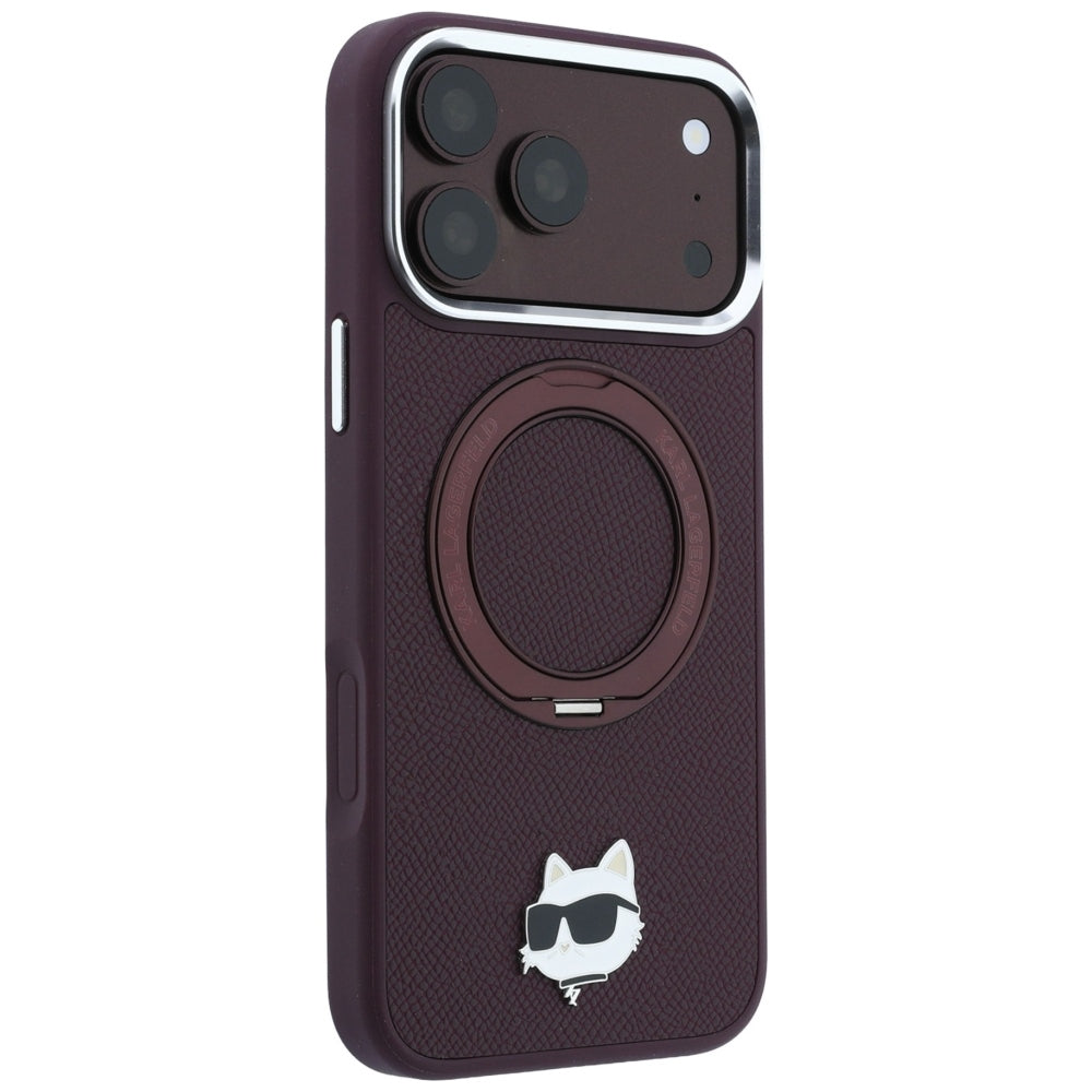 MagSafe Case for Apple iPhone 18 Pro Max / 17 Pro Max, Karl Lagerfeld, Saffiano Ring Stand 360 Choupette Pin, Burgundy