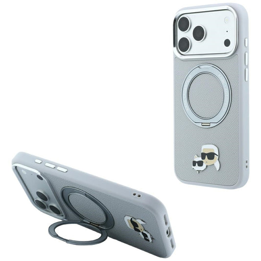 MagSafe Case for Apple iPhone 18 Pro Max / 17 Pro Max, Karl Lagerfeld, Ring Stand 360 Karl & Choupette Pin, Gray