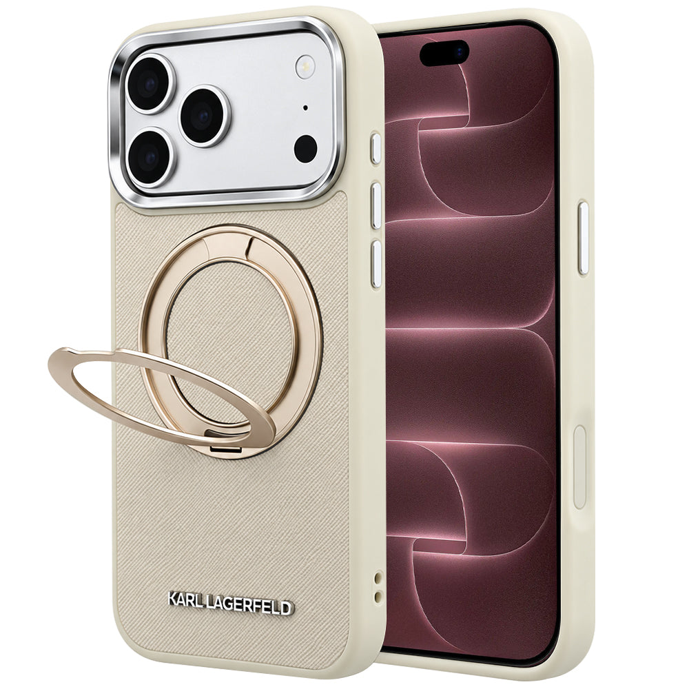 MagSafe-Hülle für Apple iPhone 18 Pro Max / 17 Pro Max, Karl Lagerfeld, Ring Stand 360 Saffiano, Beige