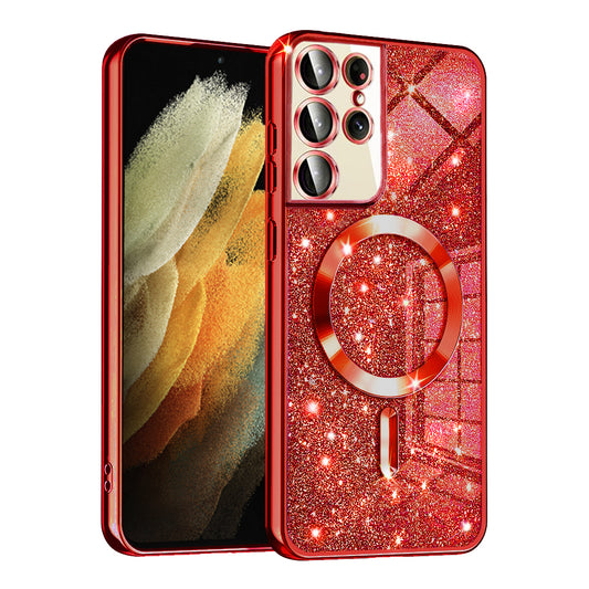 MagSafe-Hülle für Samsung Galaxy S21 Ultra 5G G998, Techsuit, Luxury Glitter, Rot