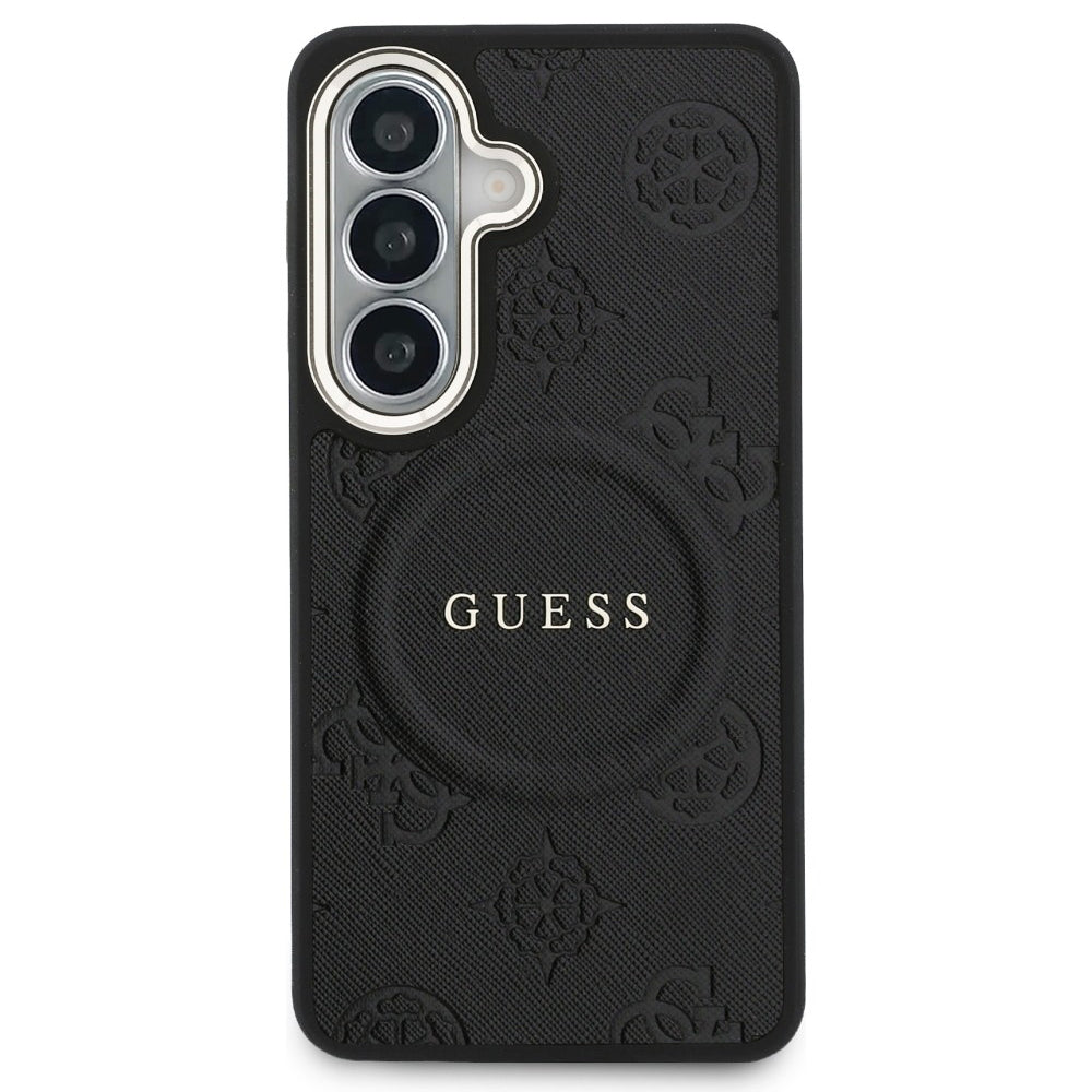 MagSafe Hülle für Samsung Galaxy S26 S942, Guess, Saffiano Peony Embossed Ring, Schwarz