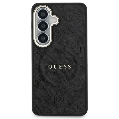 MagSafe Hülle für Samsung Galaxy S26 S942, Guess, Saffiano Peony Embossed Ring, Schwarz