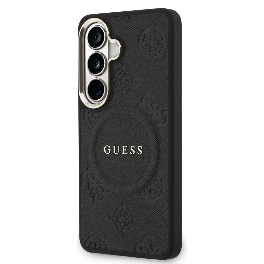 MagSafe Hülle für Samsung Galaxy S26 S942, Guess, Saffiano Peony Embossed Ring, Schwarz