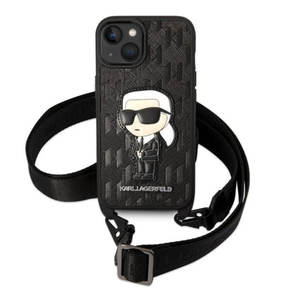 Hülle für Apple iPhone 14, Karl Lagerfeld, Monogram Ikonik Karl, Schwarz