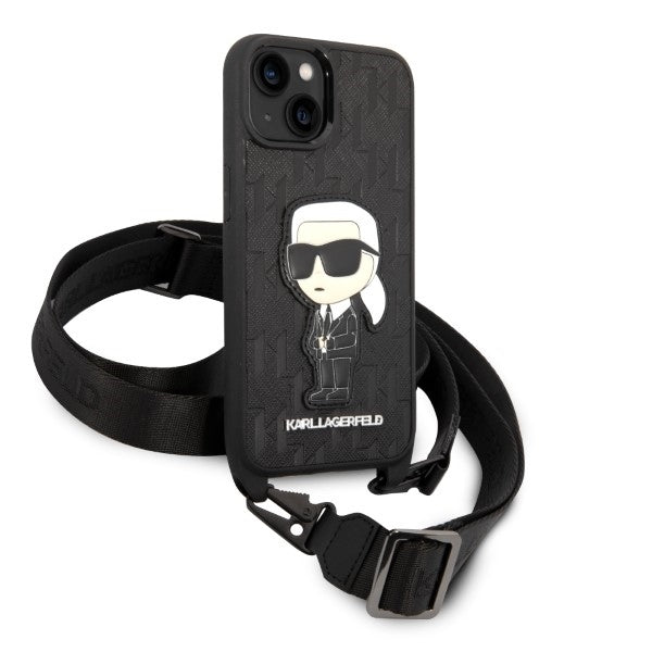 Hülle für Apple iPhone 14, Karl Lagerfeld, Monogram Ikonik Karl, Schwarz
