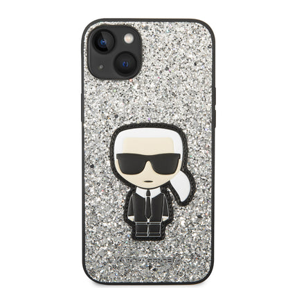Hülle für Apple iPhone 14 Plus, Karl Lagerfeld, Glitter Flakes Ikonik Karl, Silbern