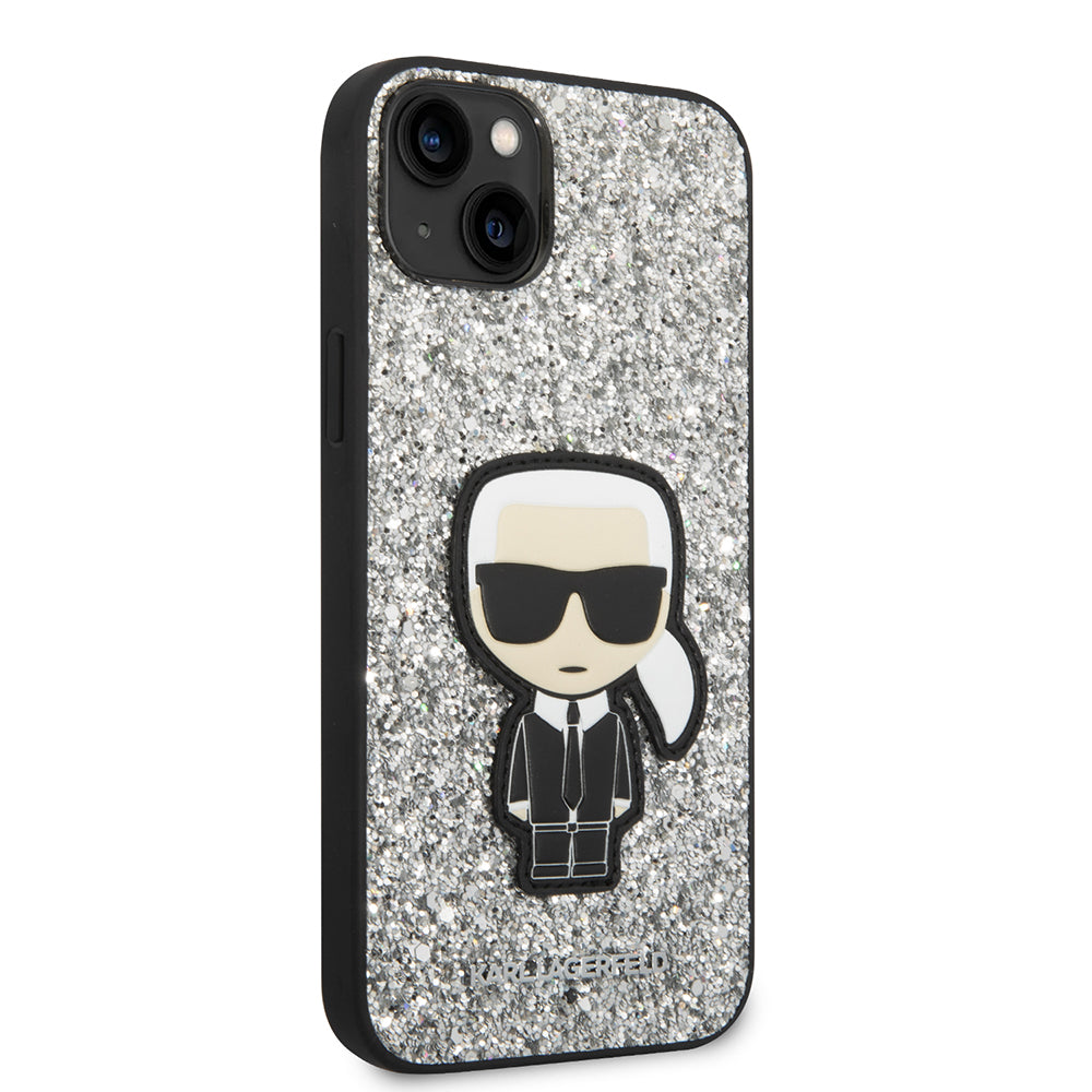 Hülle für Apple iPhone 14 Plus, Karl Lagerfeld, Glitter Flakes Ikonik Karl, Silbern