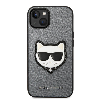 Hülle für Apple iPhone 14 Plus, Karl Lagerfeld, Saffiano Choupette's Head, Silbern