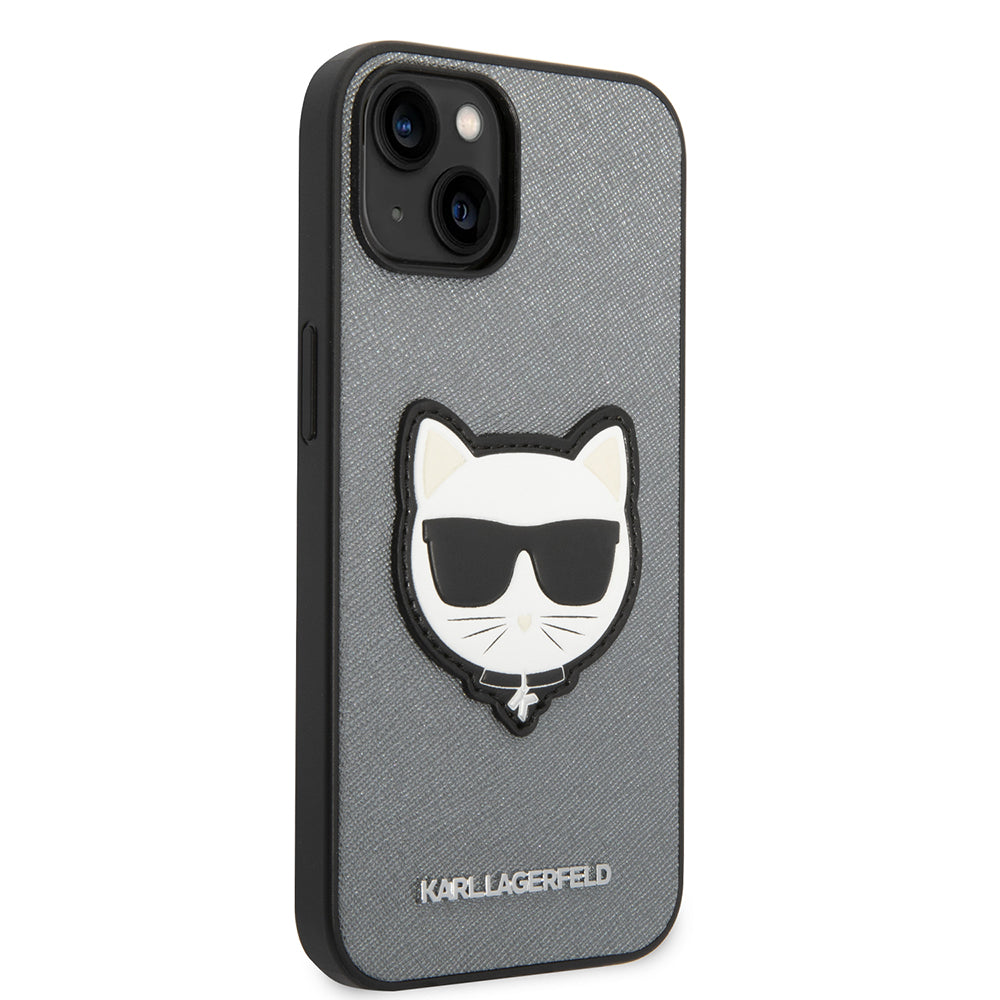 Hülle für Apple iPhone 14 Plus, Karl Lagerfeld, Saffiano Choupette's Head, Silbern