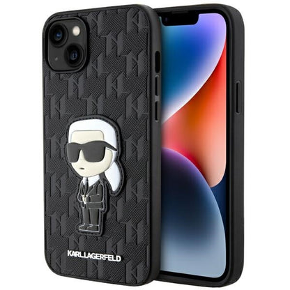Hülle für Apple iPhone 14 Plus, Karl Lagerfeld, Saffiano Monogram Ikonik Karl, Schwarz
