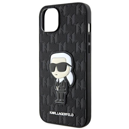 Hülle für Apple iPhone 14 Plus, Karl Lagerfeld, Saffiano Monogram Ikonik Karl, Schwarz