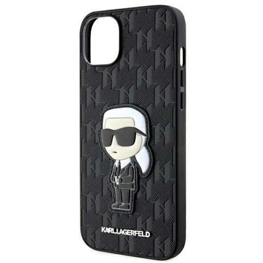 Hülle für Apple iPhone 14 Plus, Karl Lagerfeld, Saffiano Monogram Ikonik Karl, Schwarz