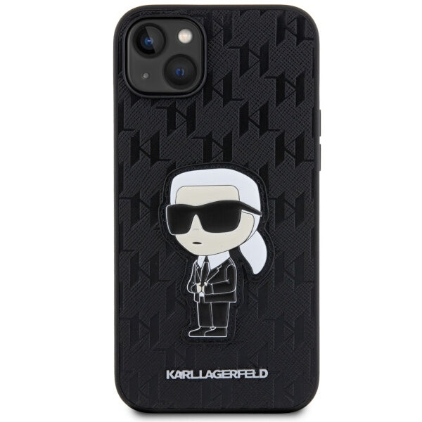 Hülle für Apple iPhone 14 Plus, Karl Lagerfeld, Saffiano Monogram Ikonik Karl, Schwarz