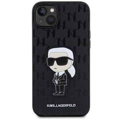 Hülle für Apple iPhone 14 Plus, Karl Lagerfeld, Saffiano Monogram Ikonik Karl, Schwarz