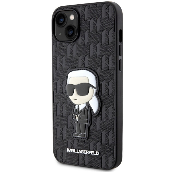 Hülle für Apple iPhone 14 Plus, Karl Lagerfeld, Saffiano Monogram Ikonik Karl, Schwarz