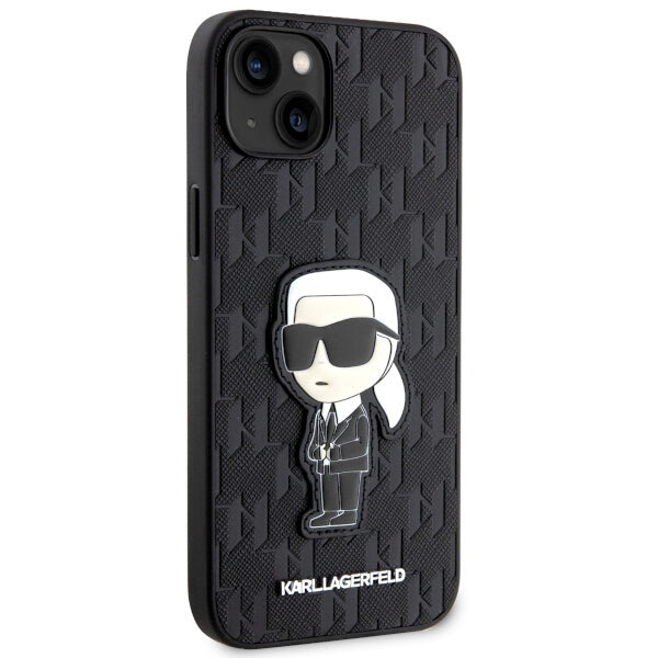 Hülle für Apple iPhone 14 Plus, Karl Lagerfeld, Saffiano Monogram Ikonik Karl, Schwarz