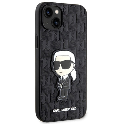 Hülle für Apple iPhone 14 Plus, Karl Lagerfeld, Saffiano Monogram Ikonik Karl, Schwarz
