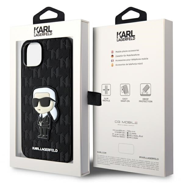 Hülle für Apple iPhone 14 Plus, Karl Lagerfeld, Saffiano Monogram Ikonik Karl, Schwarz