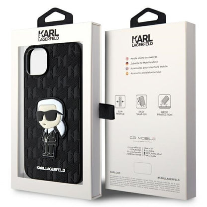 Hülle für Apple iPhone 14 Plus, Karl Lagerfeld, Saffiano Monogram Ikonik Karl, Schwarz