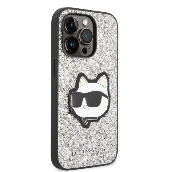 Hülle für Apple iPhone 14 Pro, Karl Lagerfeld, Glitter Choupette Patch, Silbern