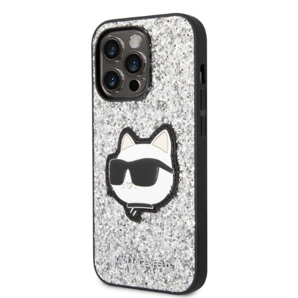 Hülle für Apple iPhone 14 Pro, Karl Lagerfeld, Glitter Choupette Patch, Silbern