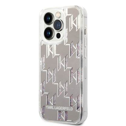 Hülle für Apple iPhone 14 Pro, Karl Lagerfeld, Liquid Glitter Monogram, Silbern