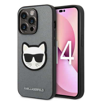 Hülle für Apple iPhone 14 Pro, Karl Lagerfeld, Saffiano Choupette's Head, Silbern