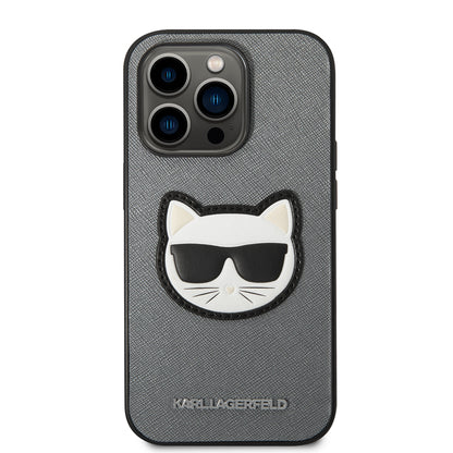 Hülle für Apple iPhone 14 Pro, Karl Lagerfeld, Saffiano Choupette's Head, Silbern