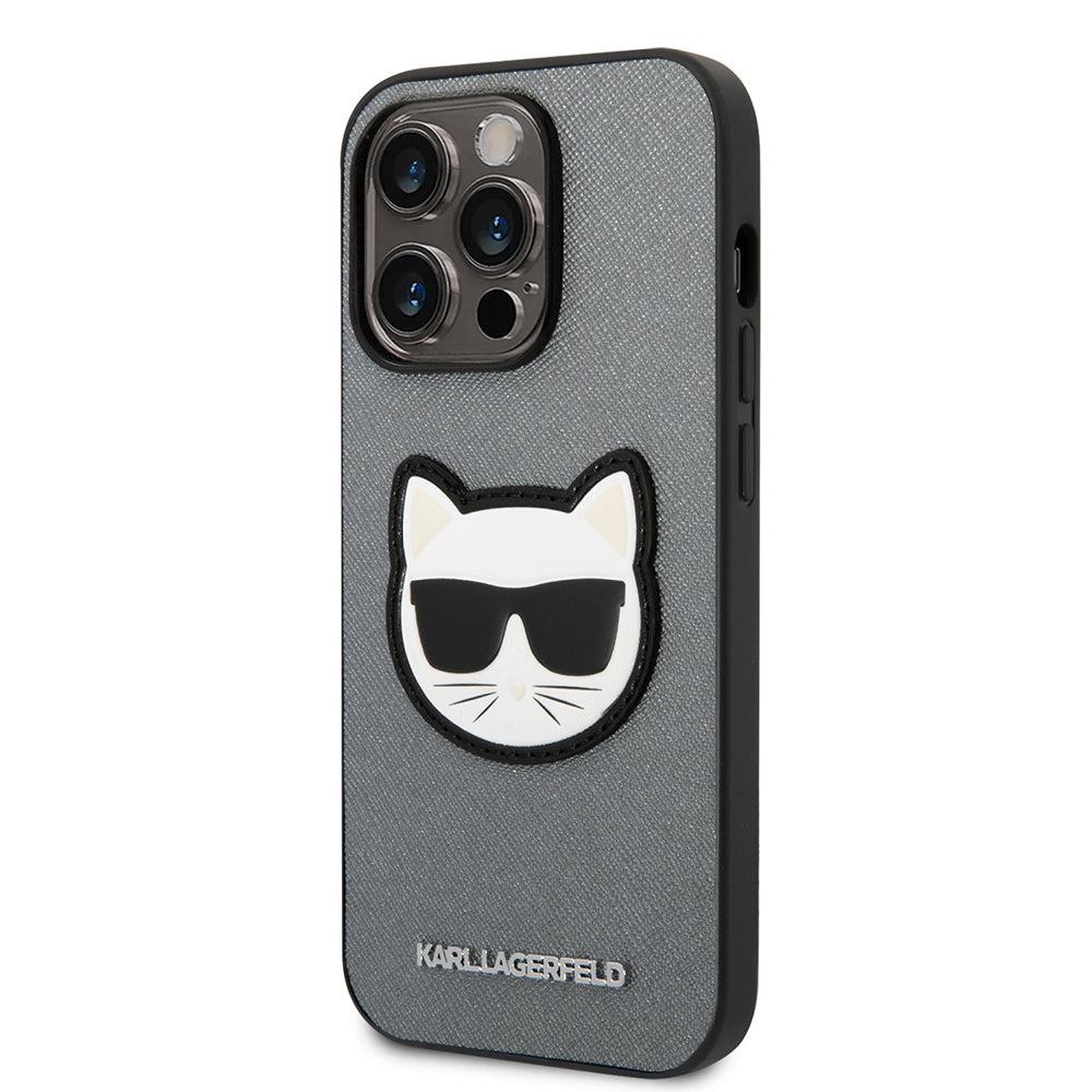 Hülle für Apple iPhone 14 Pro, Karl Lagerfeld, Saffiano Choupette's Head, Silbern