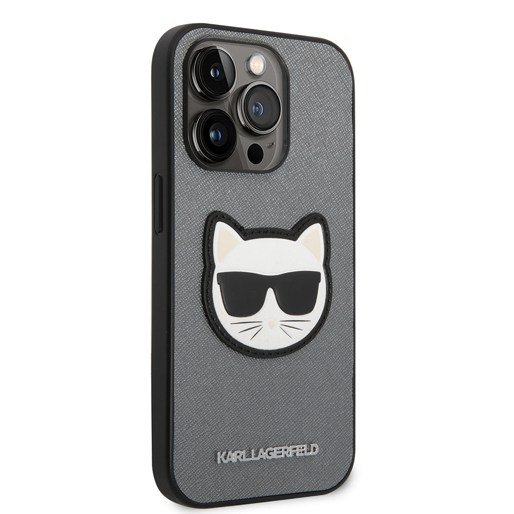 Hülle für Apple iPhone 14 Pro, Karl Lagerfeld, Saffiano Choupette's Head, Silbern