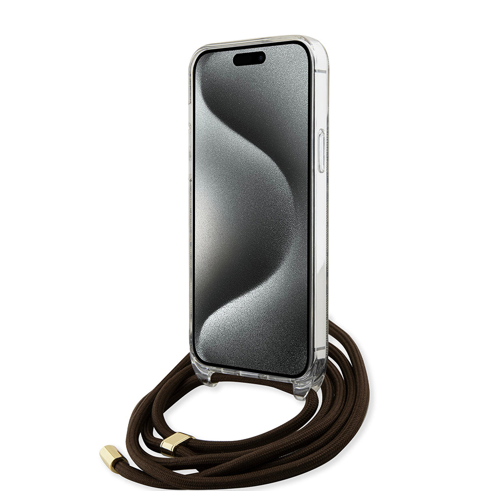 Hülle für Apple iPhone 15, Guess, 4G IML Printed Crossbody, Braun