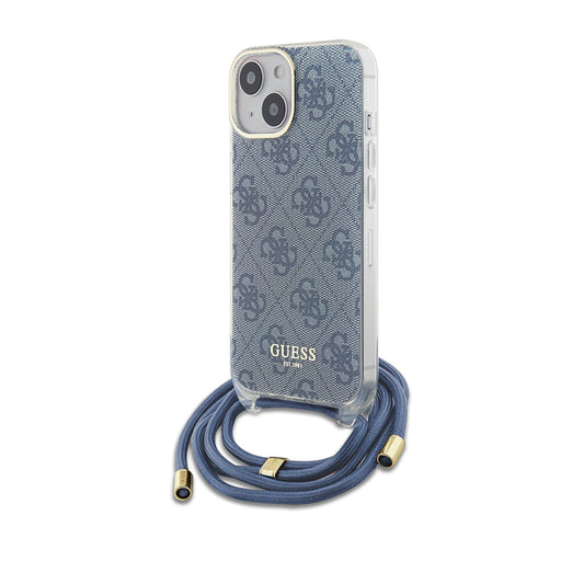 Hülle für Apple iPhone 15, Guess, Crossbody Cord 4G Print, Blau
