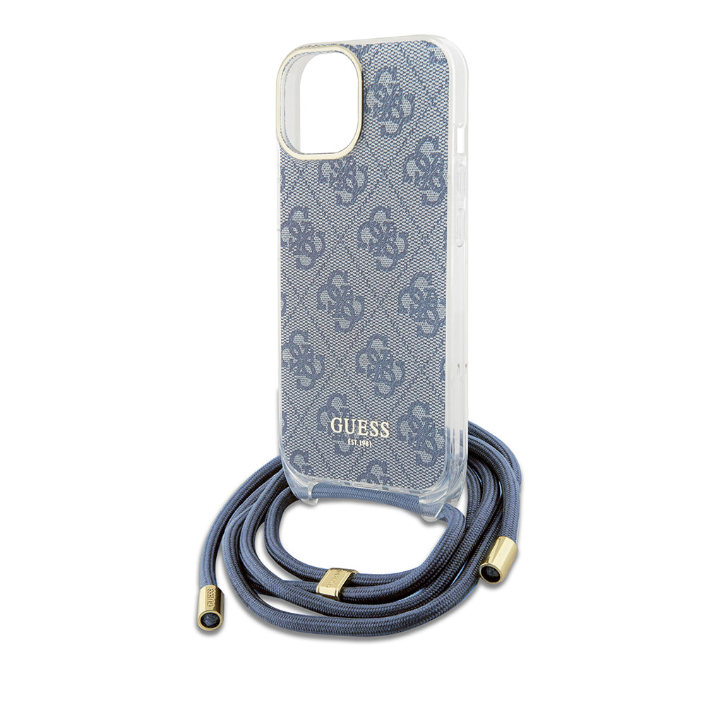 Hülle für Apple iPhone 15, Guess, Crossbody Cord 4G Print, Blau