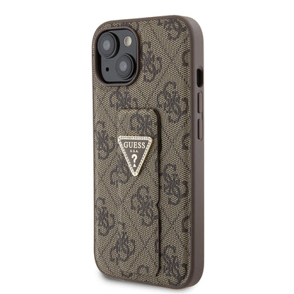 Hülle für Apple iPhone 15, Guess, Grip Stand 4G Triangle Strass, Braun