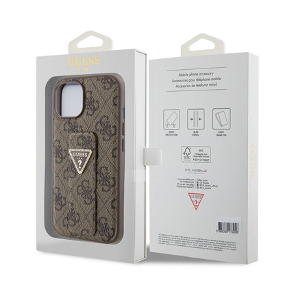 Hülle für Apple iPhone 15, Guess, Grip Stand 4G Triangle Strass, Braun