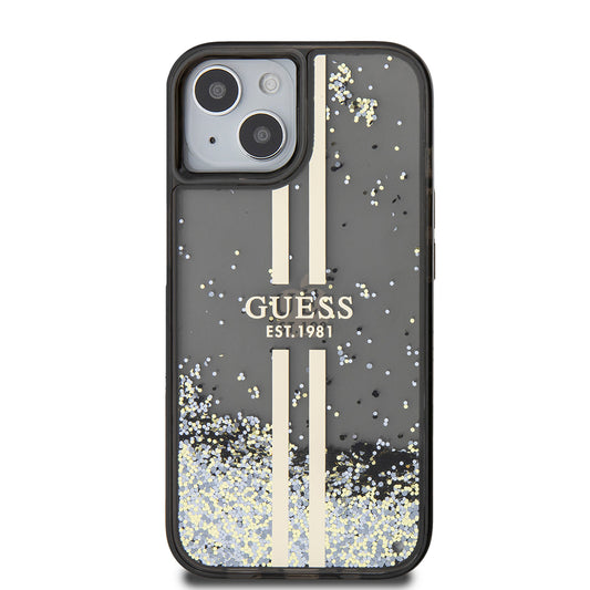 Hülle für Apple iPhone 15, Guess, Liquid Glitter Gold Stripes, Schwarz