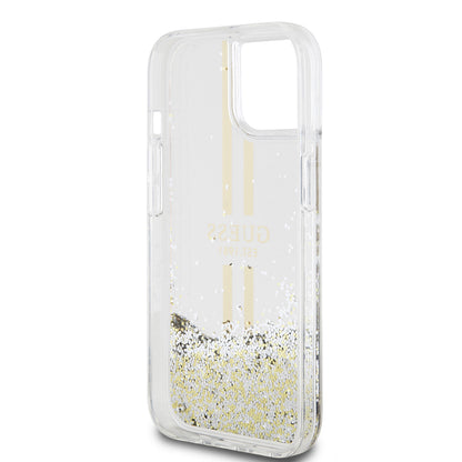 Hülle für Apple iPhone 15, Guess, Liquid Glitter Gold Stripes, Transparent