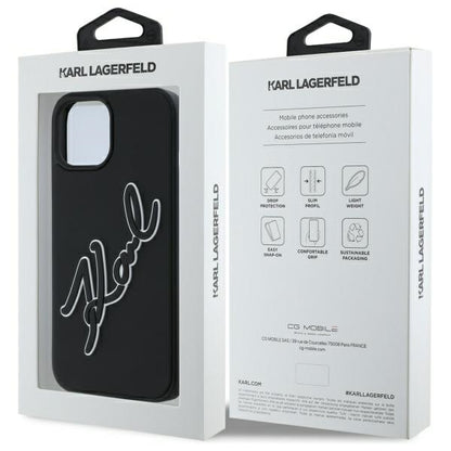 Hülle für Apple iPhone 15, Karl Lagerfeld, 3D Rubber Signature, Schwarz
