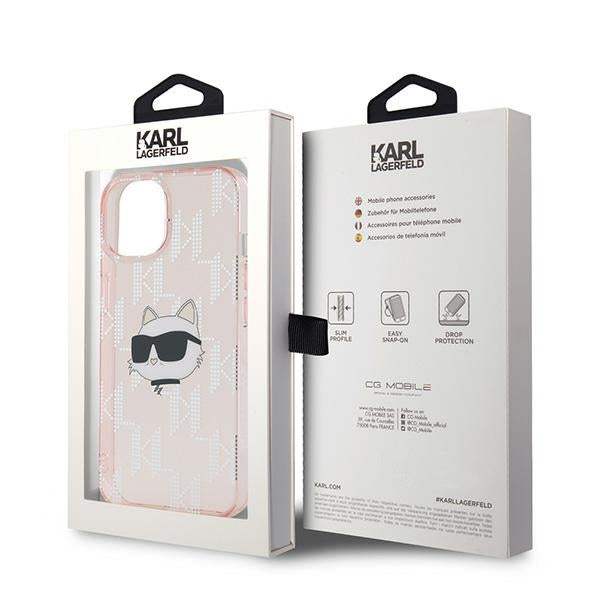 Case for Apple iPhone 15, Karl Lagerfeld, IML Luxury Monogram Choupette's Head, Pink